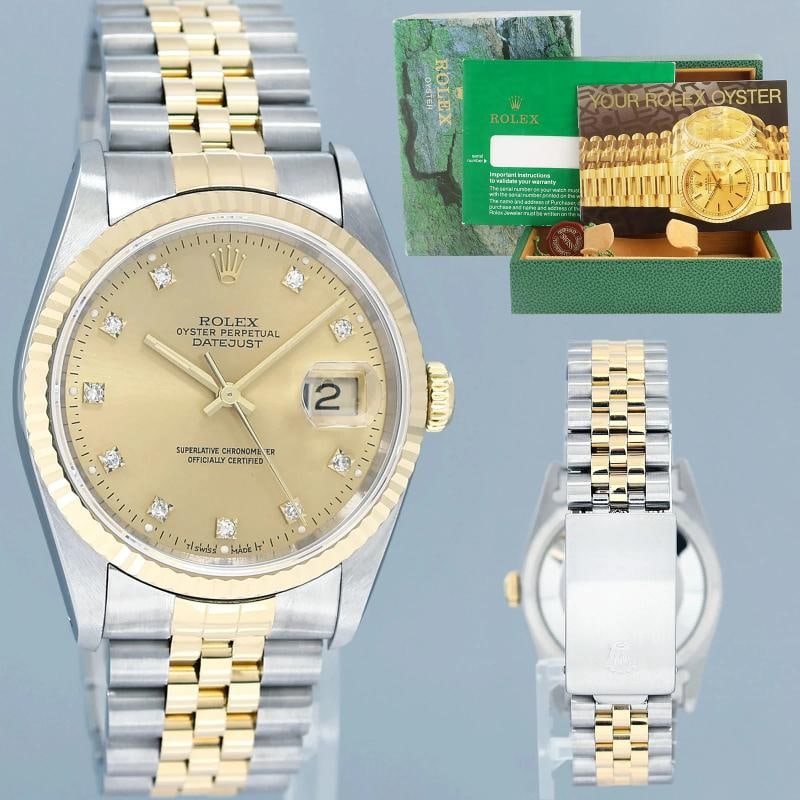 MINT Rolex DateJust 16233 Two Tone Gold Jubilee Original Champagne Diamond Watch: Case & Dial Case Material: Rolex Two-Tone Yellow Gold & Stainless Steel Case Size: 36mm Bezel: Rolex Yellow Gold Fluted Crystal: Rolex Sapphire Dial: Rolex Champagne Diamond Movement & Bracelet
