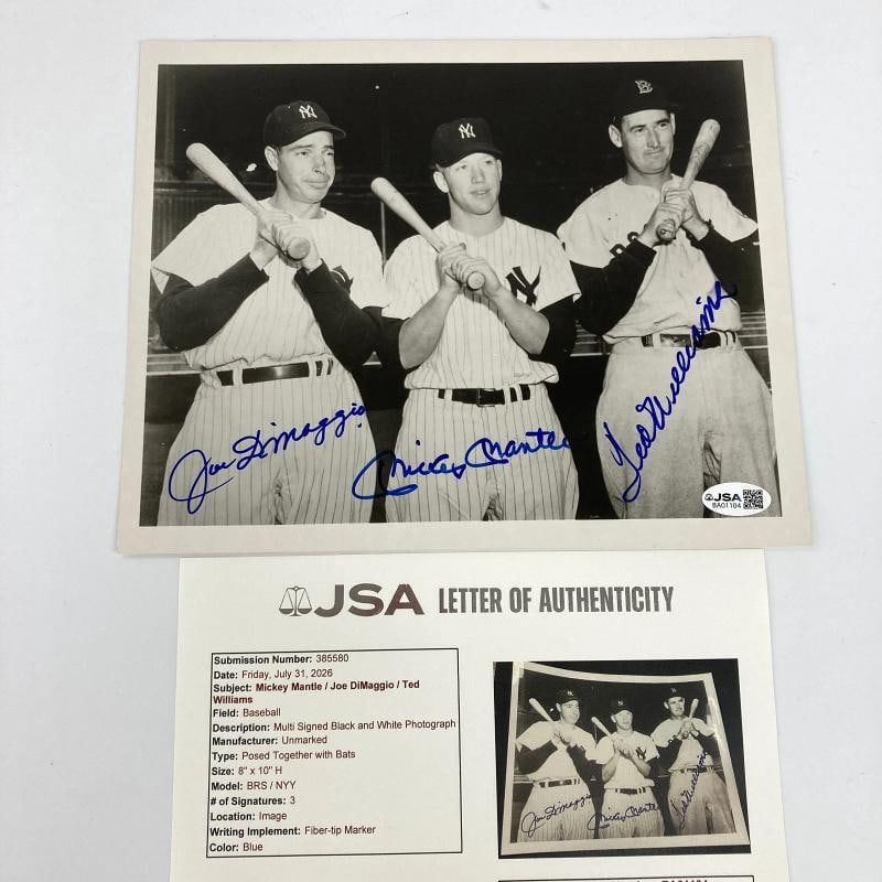 Mickey Mantle Joe Dimaggio Ted Williams Signed 8x10 Photo JSA COA Bold Mint Auto: Sport: Baseball,Player: Mickey Mantle,Signed: Yes,Original/Reprint: Original,Autograph Authentication: James Spence Authentication (JSA),Product: Photo,Country of Origin: United States