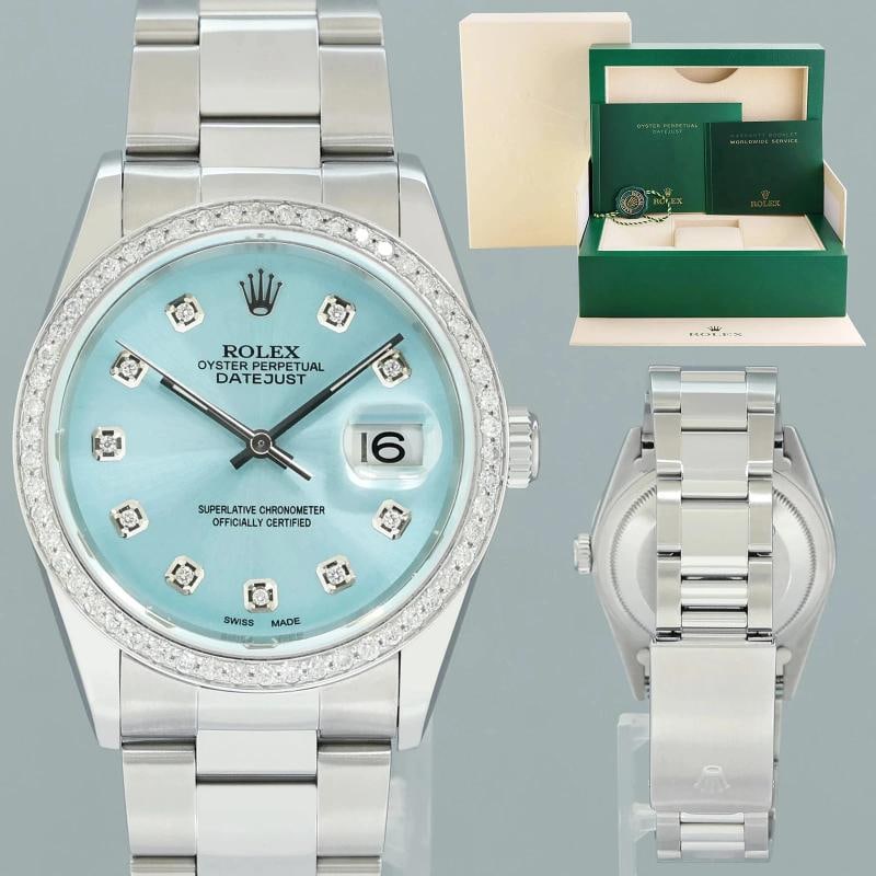 DIAMOND Bezel Rolex DateJust 36mm Glacier Blue Diamond 16200 Oyster Steel Watch: Case & Dial Case Material: Rolex Stainless Steel Case Size: 36mm Bezel: Custom Diamond Crystal: Rolex Sapphire Dial: Custom Blue Diamond Movement & Bracelet Movement: Rolex Automatic Bracelet Design: