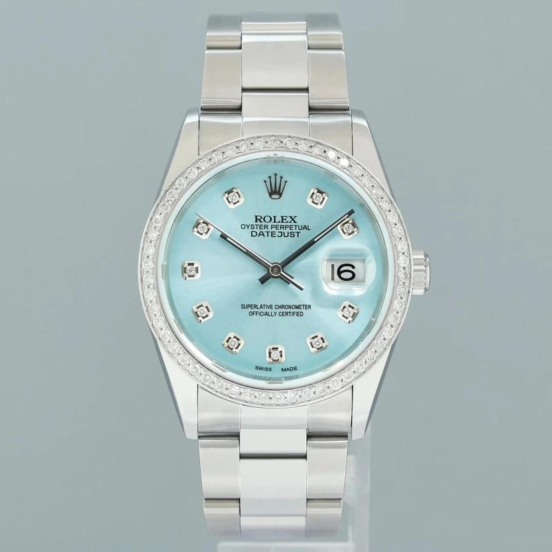 DIAMOND Bezel Rolex DateJust 36mm Glacier Blue Diamond 16200 Oyster Steel Watch - 2