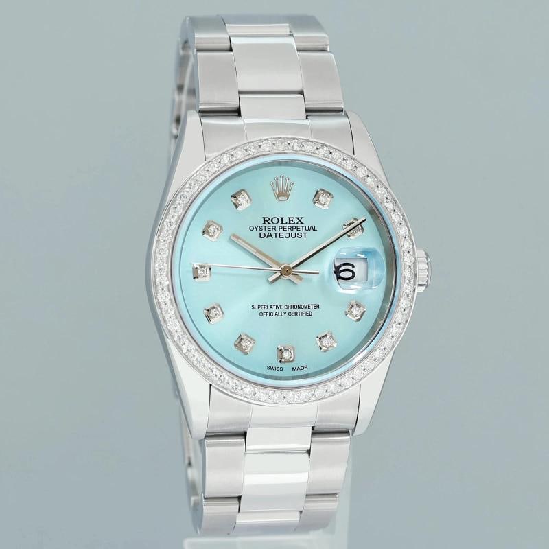 DIAMOND Bezel Rolex DateJust 36mm Glacier Blue Diamond 16200 Oyster Steel Watch - 3
