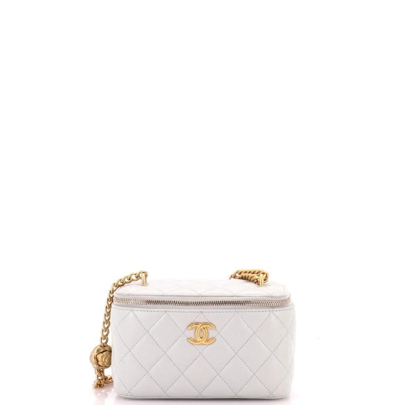 Chanel Sweet Camellia Vanity Case with Chain Quilted Lambskin Small: Condition: Pre-owned - Excellent,Brand: Chanel,Exterior Material: Leather,Style: Cross Body Bags,Exterior Color: Blue,Department: Women,Size: Small,Accessories: Dust Bag