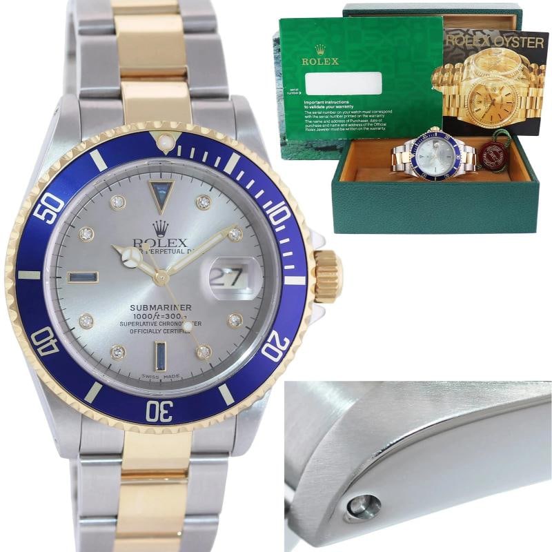 MINT 2000 Rolex Gold Buckle Rolex Submariner 16613 Two Tone Silver Serti Diamond: Box: Yes, this item includes the Original Rolex Box. Case & Dial Case Material: Rolex Stainless Steel Case Size: 40mm Bezel: Rolex Yellow Gold and Blue Crystal: Rolex Sapphire Dial: Rolex Silver Serti