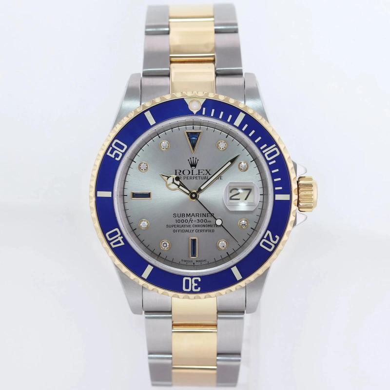 MINT 2000 Rolex Gold Buckle Rolex Submariner 16613 Two Tone Silver Serti Diamond - 2