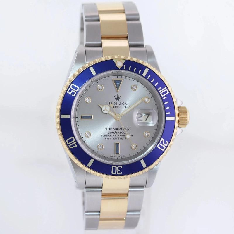 MINT 2000 Rolex Gold Buckle Rolex Submariner 16613 Two Tone Silver Serti Diamond - 3