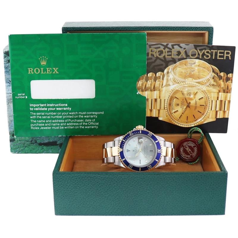 MINT 2000 Rolex Gold Buckle Rolex Submariner 16613 Two Tone Silver Serti Diamond - 8