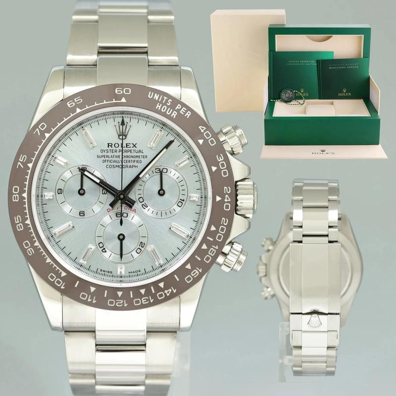 2015 MINT Rolex Daytona 116520 Glacier Blue Diamond Steel Platona Ceramic 40mm: Case & Dial Case Material: Rolex Stainless Steel Case Size: 40mm Bezel: Custom Ceramic Brown Crystal: Rolex Sapphire Dial: Custom Glacier Blue Baguette Movement & Bracelet Movement: Rolex Automatic