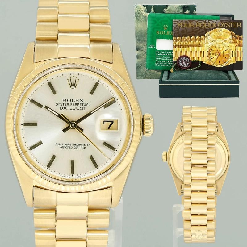 Rolex DateJust 36mm 1601 Yellow Gold President Silver Pie Pan Stick Watch Box: Case & Dial Case Material: Rolex Yellow Gold Case Size: 36mm Bezel: Rolex Fluted Yellow Gold Crystal: Rolex Acrylic Dial: Rolex Silver Pie Pan Movement & Bracelet Movement: Rolex Automatic Bracelet De