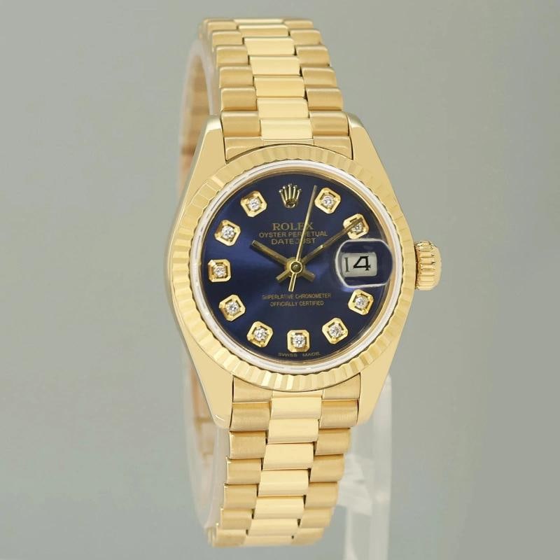 MINT Blue Diamond Ladies Rolex DateJust 69178 President 26mm 18k Yellow Gold - 2