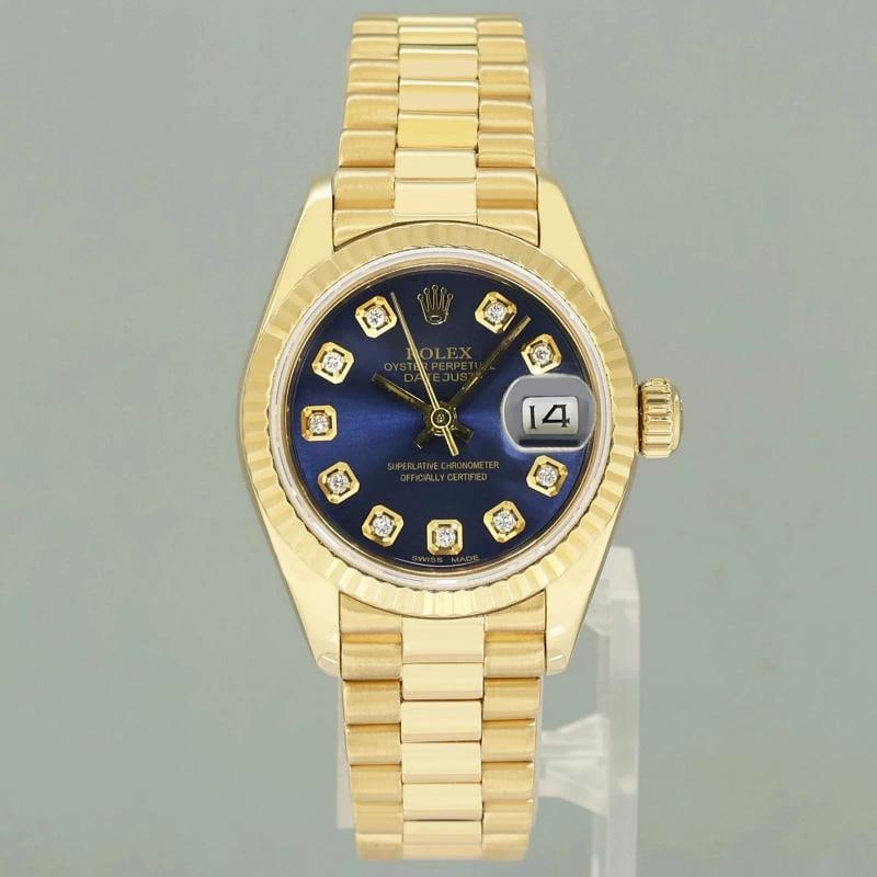 MINT Blue Diamond Ladies Rolex DateJust 69178 President 26mm 18k Yellow Gold - 6