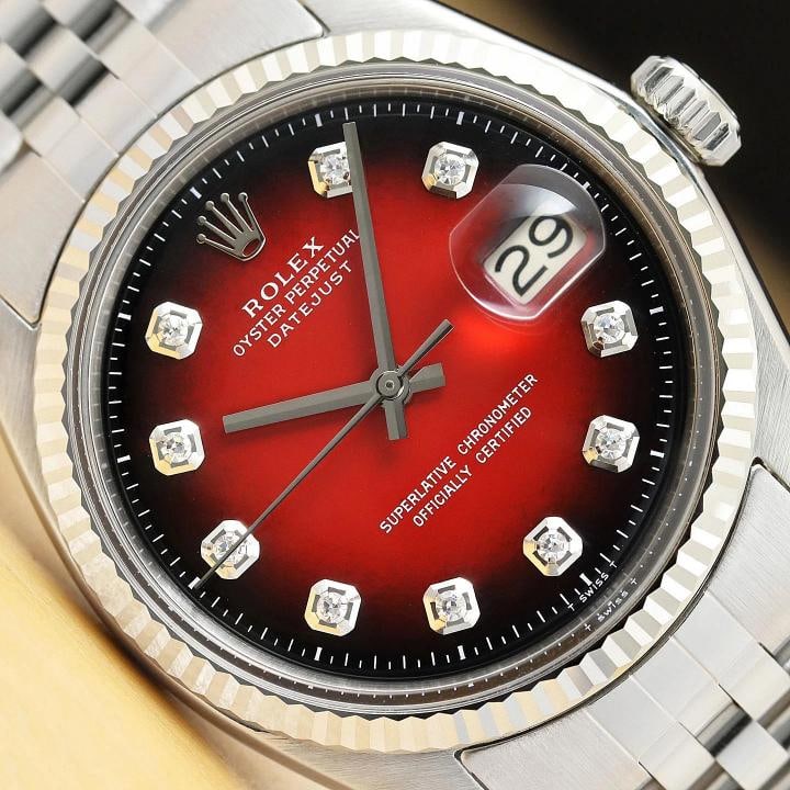 ROLEX MENS DATEJUST RED VIGNETTE DIAMOND 18K WHITE GOLD SS WATCH w/ JUBILEE BAND: Condition: Pre-owned - Excellent,Bezel Color: Silver,Max Wrist Size: 7.26-7.5 in,Number of Jewels: 26 Jewels,Indices: Diamond Markers, 12-Hour Dial,Bezel: Rolex 18K White Gold Fluted