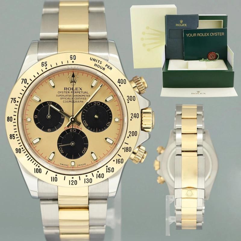 MINT Rolex Daytona 116523 Champagne Paul Newman Steel Yellow Gold Two Tone Watch: Case & Dial Case Material: Rolex Two-Tone Yellow Gold & Stainless Steel Case Size: 40mm Bezel: Rolex Yellow Gold Crystal: Rolex Sapphire Dial: Rolex Champagne Paul Newman Movement & Bracelet