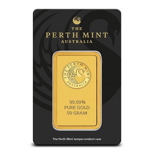 50 Gram Perth Mint Gold Bar (New w/ Assay): Brand/Mint: Perth Mint,Certification: Assay Card,Precious Metal Content per Unit: 1.60800,Fineness: 0.9999,Composition: Gold,Shape: Bar,Country of Origin: Australia