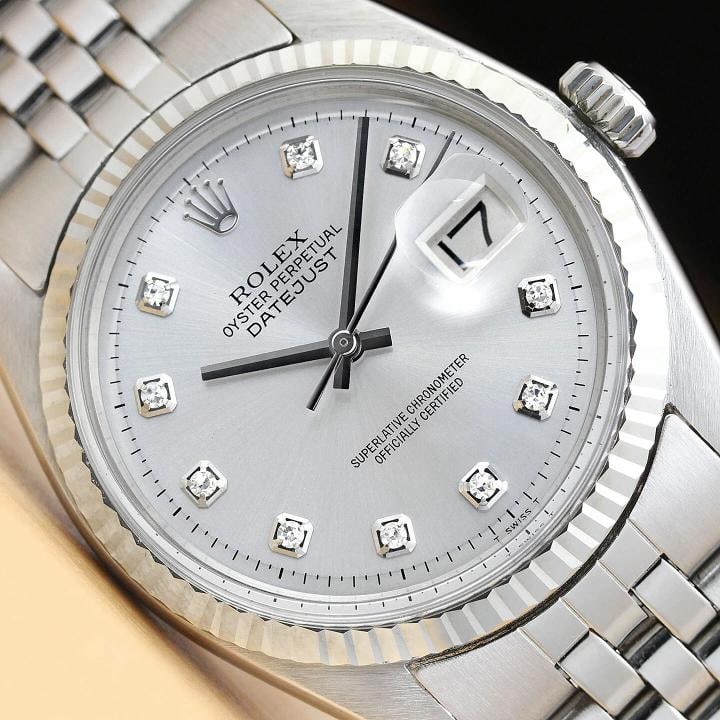 ROLEX MENS DATEJUST 1601 18K WHITE GOLD STAINLESS STEEL SILVER DIAMOND WATCH: Condition: Pre-owned - Excellent,Bezel Color: Silver,Max Wrist Size: 7.26-7.5 in,Number of Jewels: 26 Jewels,Indices: Diamond Markers, 12-Hour Dial, Multiple Hands,Bezel: Rolex 18K White Gold Fluted
