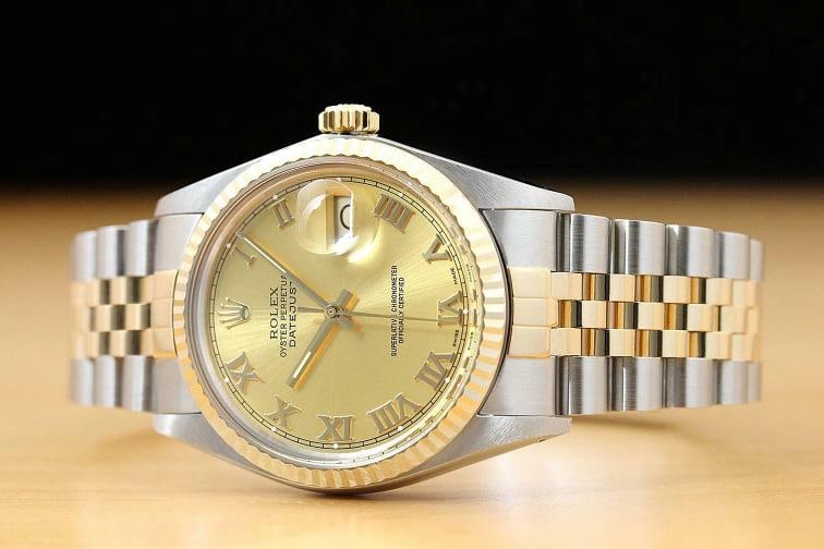 ROLEX MENS DATEJUST 16013 CHAMPAGNE ROMAN 18K YELLOW GOLD STEEL QUICKSET WATCH - 2