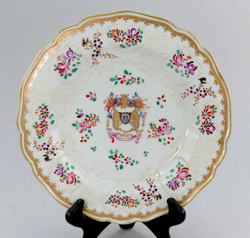 Pretty Set 6 Antique Samson French Porcelain Armorial Crest Floral Lunch Plates - 4