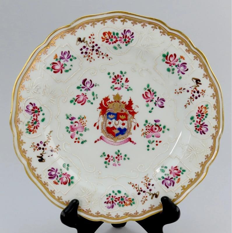 Pretty Set 6 Antique Samson French Porcelain Armorial Crest Floral Lunch Plates - 5
