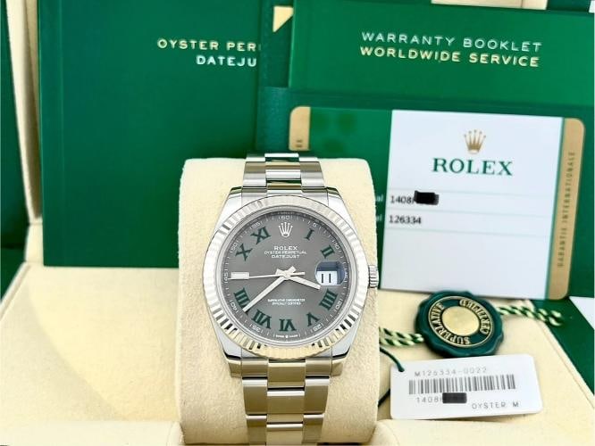Rolex Datejust 41 126334 Slate Wimbledon Dial 18K White Gold Steel Box Paper: Condition: Pre-owned - Excellent,Country of Origin: Switzerland,Bezel Color: Silver,Indices: Roman Numerals,Year Manufactured: 2010-2019,Band/Strap: Rolex Oyster,Case Color: Silver,Department: