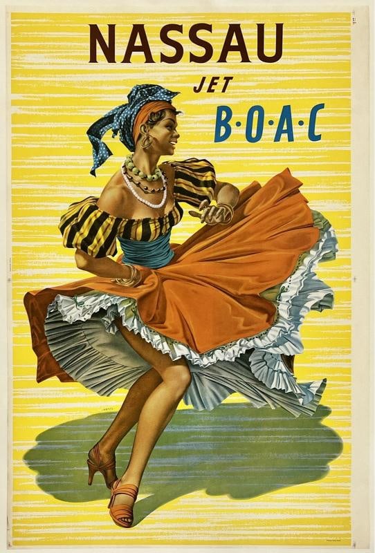 Original Vintage Poster NASSAU JET BOAC Airline Travel Caribbean Bahamas LINEN (1 of 5)