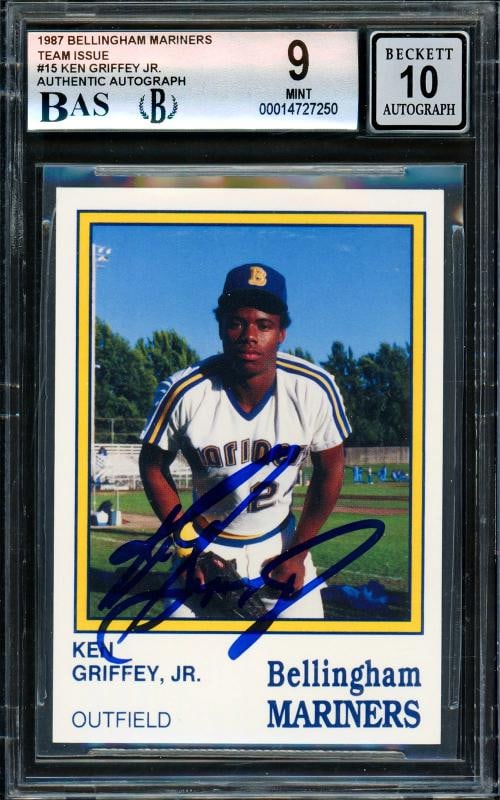Ken Griffey Jr. Signed 1987 Bellingham RC #15 Mariners BGS 9 Auto GM 10 Beckett: Condition: Graded - BGS 9: Professionally graded,Sport: Baseball,Product: Card,Object Type: Trading Card,Player/Athlete: Ken Griffey Jr,Team: Seattle Mariners,Signed By: Ken Griffey Jr,Autographed: