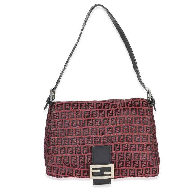 Fendi Black Red Zucca Mamma Baguette: Condition: Pre-owned - Good,Dimensions: 11 x 7 x 4.25,Handbag Accessories: None,Bag Width: 11 in,Bag Depth: 4.25 in,Bag Height: 7 in,Department: Unisex,Style: Shoulder Bag,Material: Canvas,Color: