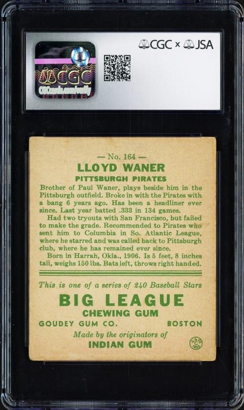 Lloyd Waner Auto 1933 Goudey RC #164 Pirates CGC x JSA 2.5 Auto Grade Near - 2