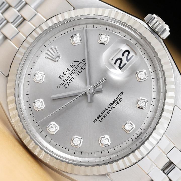 ROLEX MENS DATEJUST 1601 GRAY DIAMOND DIAL 18K GOLD STEEL WATCH w/ FOLDED BAND: Condition: Pre-owned - Excellent,Bezel Color: Silver,Max Wrist Size: 7.26-7.5 in,Number of Jewels: 26 Jewels,Indices: Diamond Markers, 12-Hour Dial, Multiple Hands,Bezel: Rolex 18K White Gold Fluted