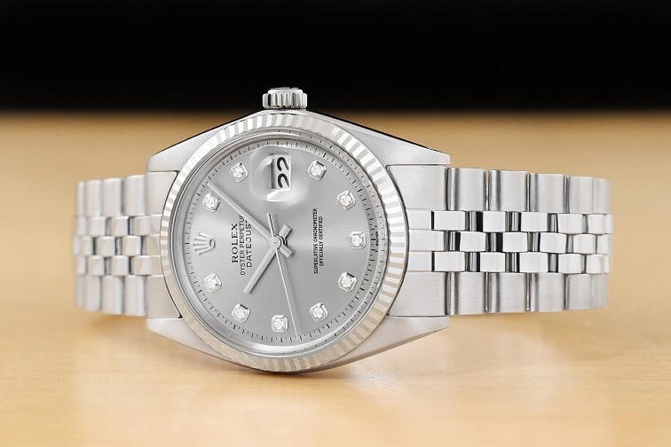 ROLEX MENS DATEJUST 1601 GRAY DIAMOND DIAL 18K GOLD STEEL WATCH w/ FOLDED BAND - 2