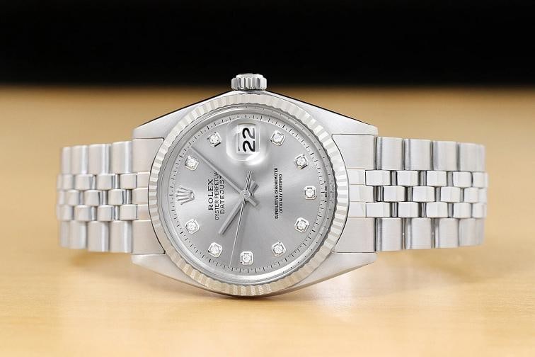 ROLEX MENS DATEJUST 1601 GRAY DIAMOND DIAL 18K GOLD STEEL WATCH w/ FOLDED BAND - 3