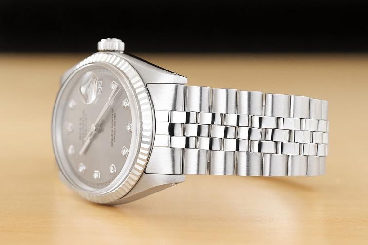 ROLEX MENS DATEJUST 1601 GRAY DIAMOND DIAL 18K GOLD STEEL WATCH w/ FOLDED BAND - 4