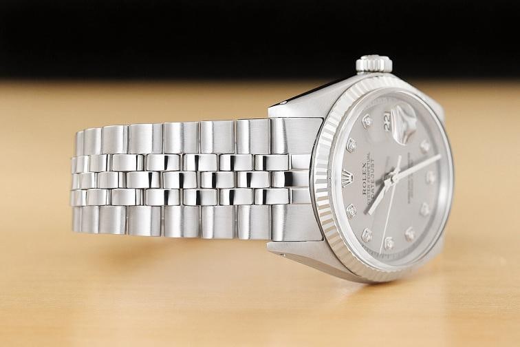 ROLEX MENS DATEJUST 1601 GRAY DIAMOND DIAL 18K GOLD STEEL WATCH w/ FOLDED BAND - 7