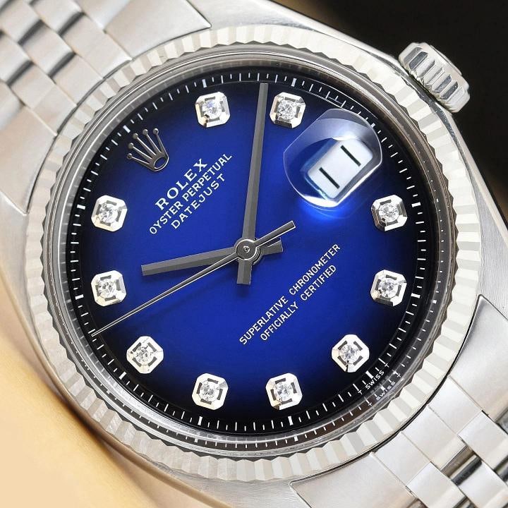 ROLEX MENS DATEJUST BLUE VIGNETTE DIAMOND DIAL 18K GOLD SS WATCH w/ FOLDED BAND: Condition: Pre-owned - Excellent,Bezel Color: Silver,Max Wrist Size: 7.26-7.5 in,Number of Jewels: 26 Jewels,Indices: Diamond Markers, 12-Hour Dial,Bezel: Rolex 18K White Gold Fluted