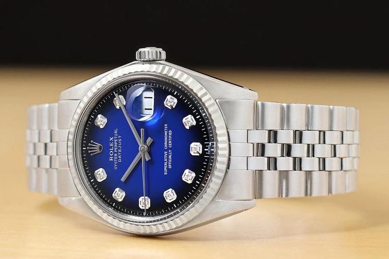 ROLEX MENS DATEJUST BLUE VIGNETTE DIAMOND DIAL 18K GOLD SS WATCH w/ FOLDED BAND - 2