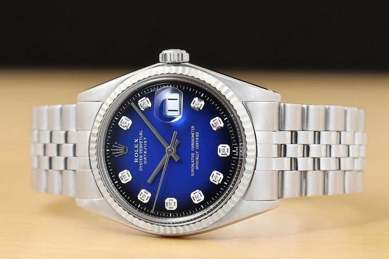 ROLEX MENS DATEJUST BLUE VIGNETTE DIAMOND DIAL 18K GOLD SS WATCH w/ FOLDED BAND - 3