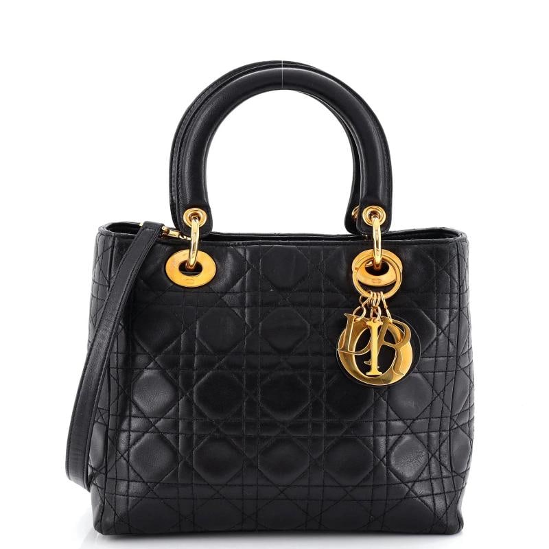 Christian Dior Vintage Lady Dior Bag Cannage Quilt Lambskin Medium: Condition: Pre-owned - Fair,Brand: Christian Dior,Exterior Material: Leather,Style: Top Handle,Exterior Color: Black,Department: Women,Size: Medium,Accessories: With Strap