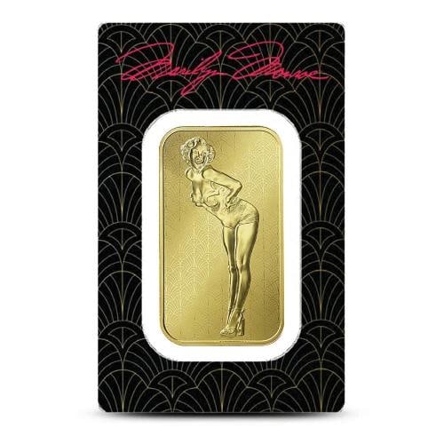 1 oz Marilyn Monroe Gold Bar (New w Assay): Certification: Assay,Brand/Mint: Sunshine Mint,Precious Metal Content per Unit: 1 oz,Fineness: 0.9999,Composition: Gold,Shape: Bar,Country of Origin: United States