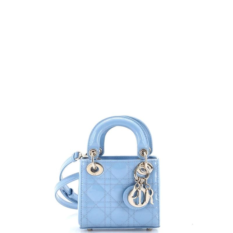 Christian Dior Lady Dior Bag Cannage Quilt Patent Micro: Condition: Pre-owned - Excellent,Brand: Christian Dior,Exterior Material: Patent Leather,Style: Cross Body Bags,Exterior Color: Blue,Department: Women,Size: Micro,Accessories: With Strap