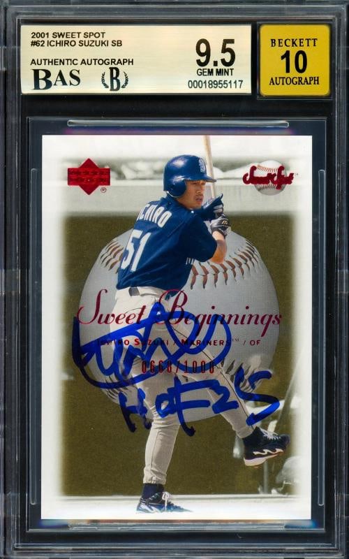 Ichiro Suzuki Auto 2001 Upper Deck Sweet Spot RC 62 BGS 9.5 Sig 10 "HOF 25": Condition: Ungraded - Very good: Not in original packaging or professionally graded,Player/Athlete: Ichiro Suzuki,Player: Ichiro Suzuki,Team: Seattle Mariners,Sport: Baseball,Product:
