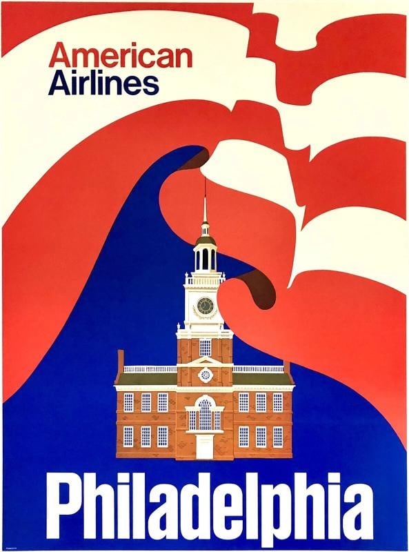 Original Vintage Poster AMERICAN AIRLINES PHILADELPHIA Airline Travel Tourism OL: Dimensions: 29.9 x 40.4 in. / 76 x 102.7 cm.; Circa: 1970 Original vintage "AMERICAN AIRLINES - PHILADELPHIA" airline travel poster, designed by an anonymous artist, and printed circa 1970.