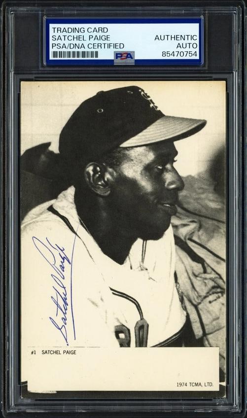 Satchel Paige Signed 1974 TCMA Card Negro Leagues PSA/DNA #85470754: Condition: Graded - PSA Authentic: Professionally graded,Sport: Baseball,Product: Card,Player: Satchel Paige,Player/Athlete: Satchel Paige,Signed By: Satchel Paige,Autographed: Yes,Autograph