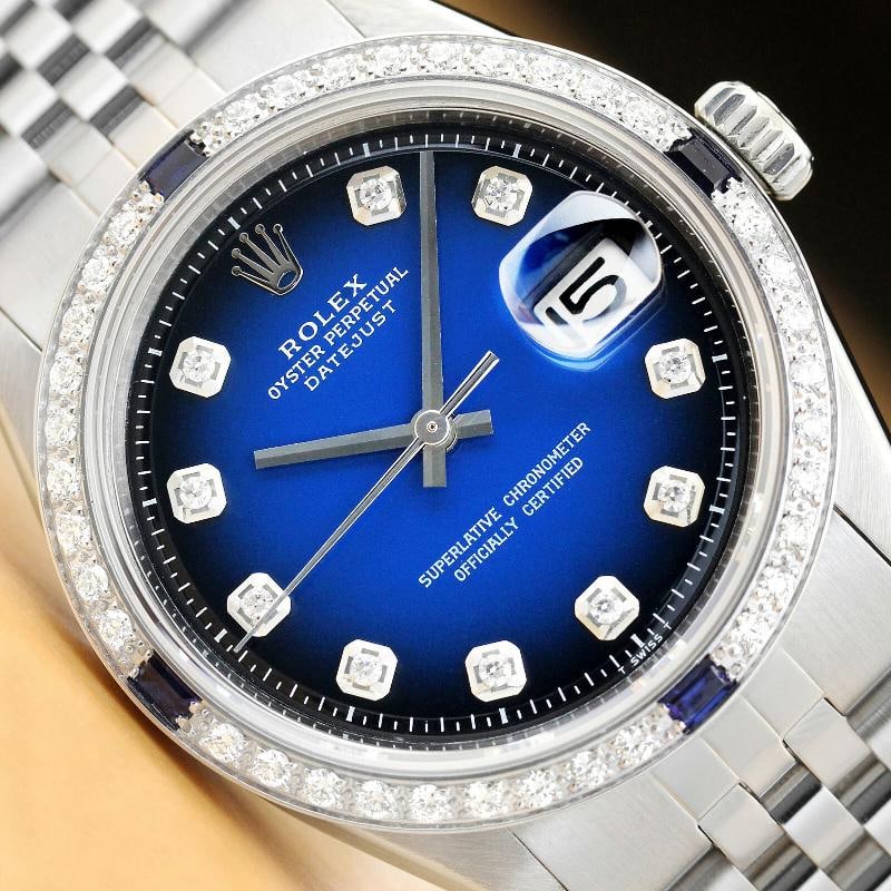 MENS ROLEX DATEJUST 1603 BLUE VIGNETTE DIAMOND SAPPHIRE 18K WHITE GOLD SS WATCH: Condition: Pre-owned - Excellent,Bezel Color: Silver,Max Wrist Size: 7.26-7.5 in,Number of Jewels: 26 Jewels,Indices: Diamond Hour Marks, 12-Hour Dial,Bezel: Custom 18K White Gold Sapphire Diamond