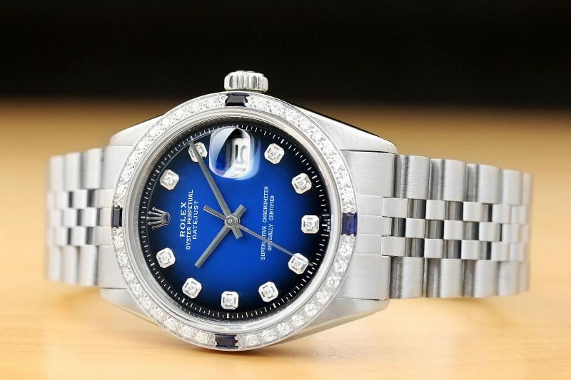 MENS ROLEX DATEJUST 1603 BLUE VIGNETTE DIAMOND SAPPHIRE 18K WHITE GOLD SS WATCH - 2