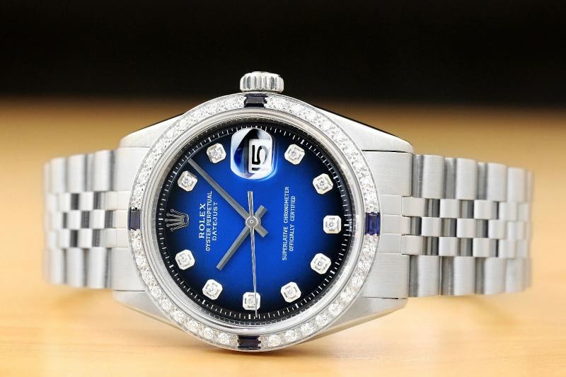 MENS ROLEX DATEJUST 1603 BLUE VIGNETTE DIAMOND SAPPHIRE 18K WHITE GOLD SS WATCH - 3
