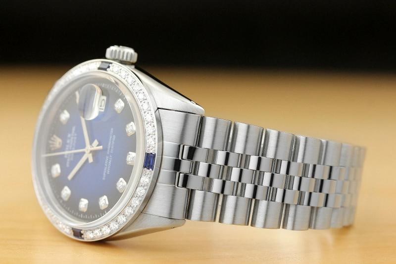 MENS ROLEX DATEJUST 1603 BLUE VIGNETTE DIAMOND SAPPHIRE 18K WHITE GOLD SS WATCH - 4