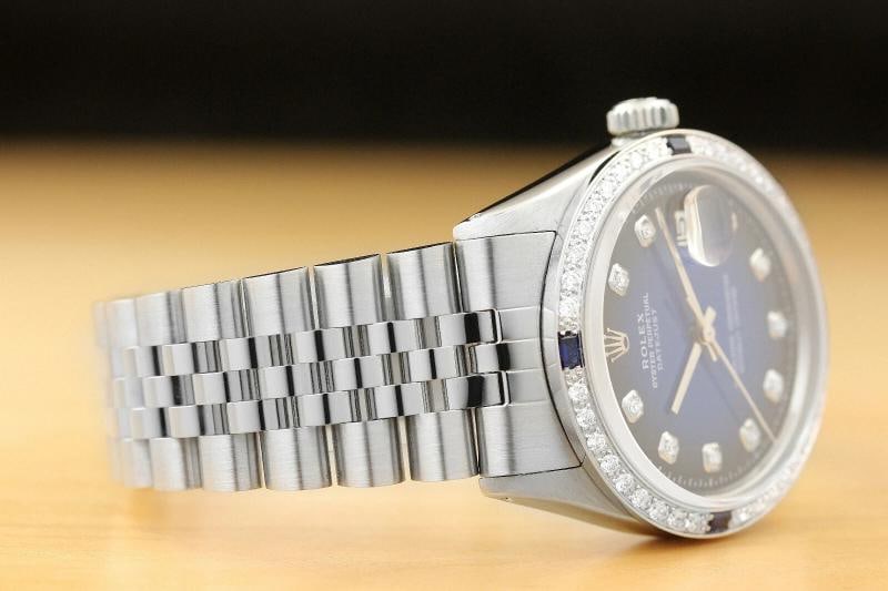 MENS ROLEX DATEJUST 1603 BLUE VIGNETTE DIAMOND SAPPHIRE 18K WHITE GOLD SS WATCH - 6
