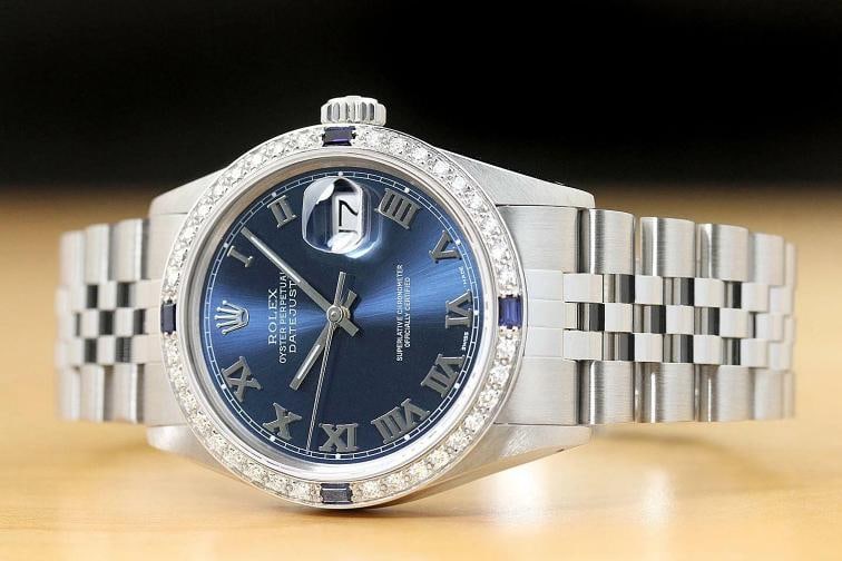 MENS ROLEX DATEJUST BLUE ROMAN DIAMOND SAPPHIRE 18K WHITE GOLD STEEL WATCH - 2