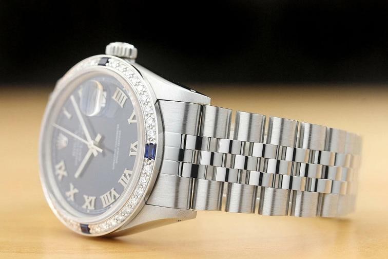 MENS ROLEX DATEJUST BLUE ROMAN DIAMOND SAPPHIRE 18K WHITE GOLD STEEL WATCH - 3