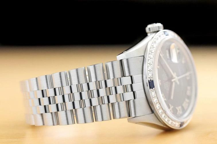 MENS ROLEX DATEJUST BLUE ROMAN DIAMOND SAPPHIRE 18K WHITE GOLD STEEL WATCH - 5