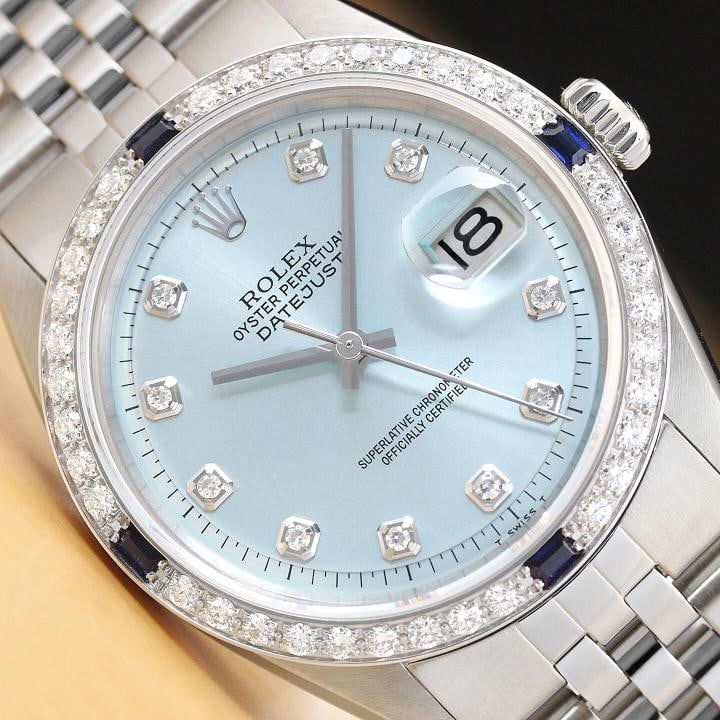 MENS ROLEX DATEJUST 1603 ICE BLUE DIAMOND DIAL 18K WHITE GOLD & STEEL WATCH: Condition: Pre-owned - Excellent,Bezel Color: Silver,Max Wrist Size: 7.26-7.5 in,Number of Jewels: 26 Jewels,Indices: Diamond Markers, 12-Hour Dial,Bezel: Custom 18K White Gold Diamond & Sapphire