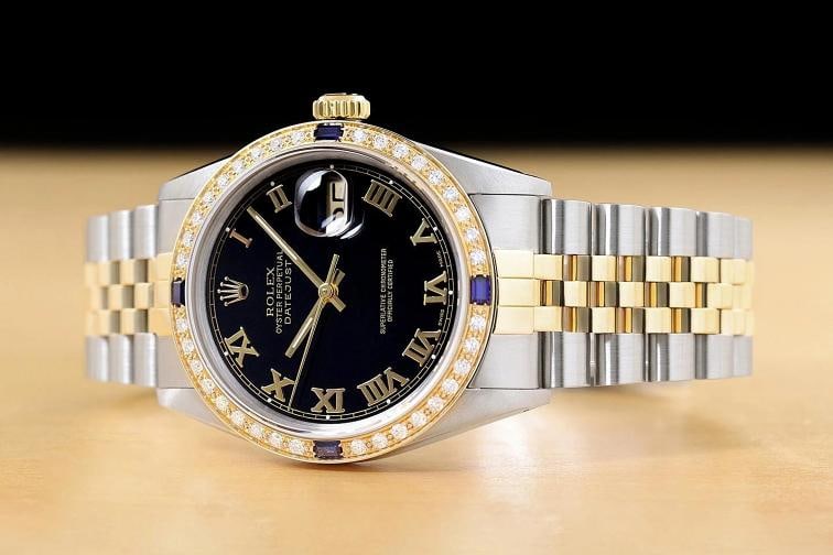 ROLEX MENS DATEJUST 16013 BLACK ROMAN DIAL SAPPHIRE DIAMOND 18K GOLD STEEL WATCH - 2